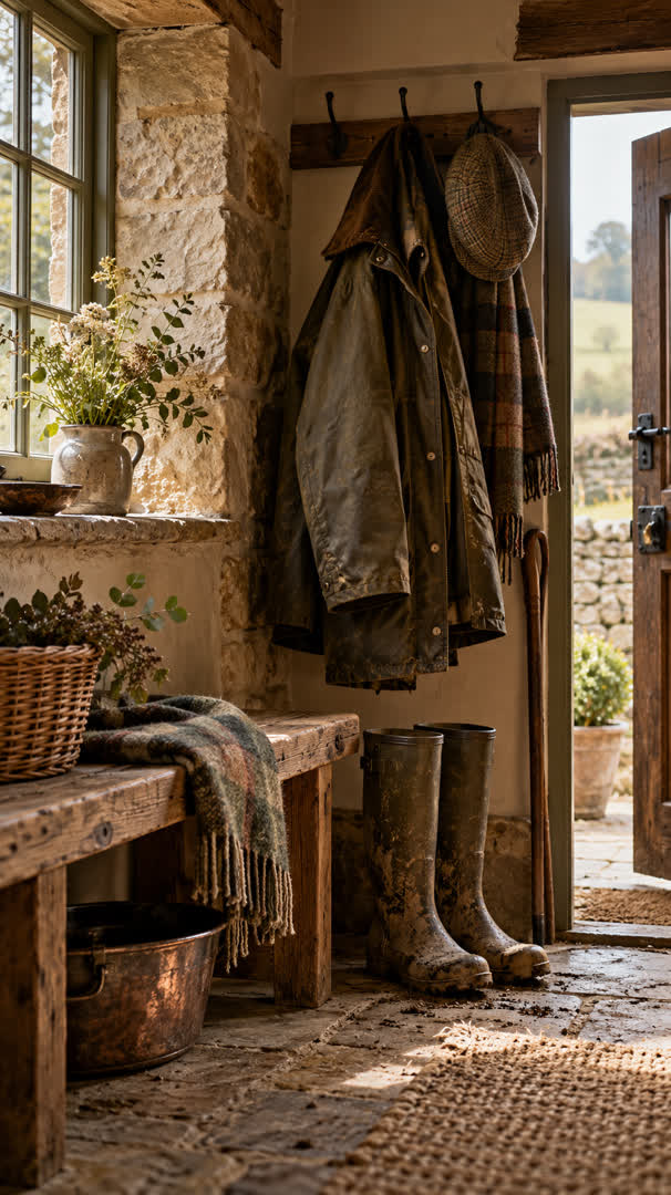 An unbranded olive waxed jacket, tweed cap and muddy boots in a stone boot room