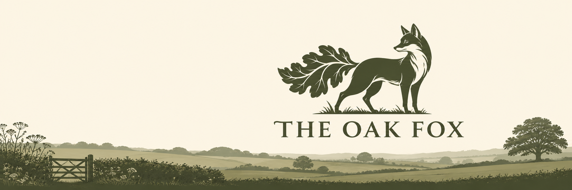 The Oak Fox fox and oak leaf emblem above an illustrated countryside of fields, hedgerows and an oak tree