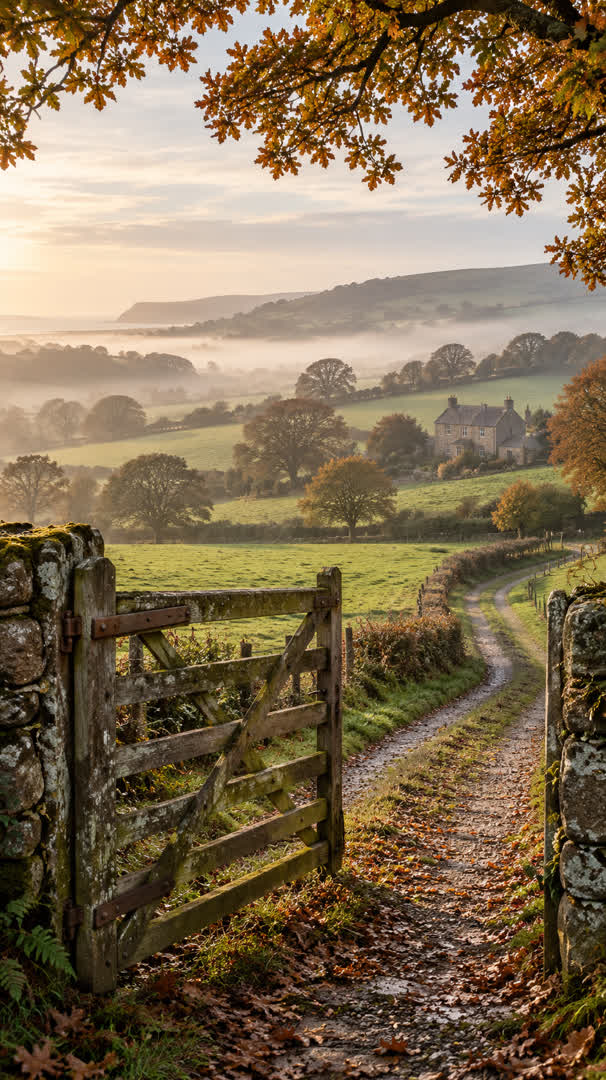 Country inspiration: a field gate and a quiet lane through autumn countryside