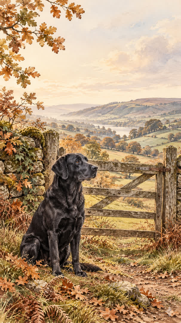 Illustration of a black Labrador beside a wooden field gate