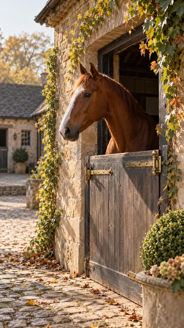 A chestnut horse looking over a traditional stable half-door